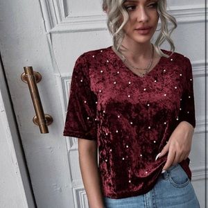 SHEIN Maroon Pearls Beaded V Neck Velvet Tee